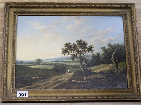 Patrick Nasmyth, oil on wooden panel, travellers in a landscape, signed, 23 x 32cm